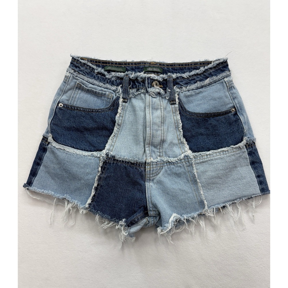 Wild Fable Women Size 4 Patchwork Denim Blue Jeans Cut Offs Button Fly Frayed